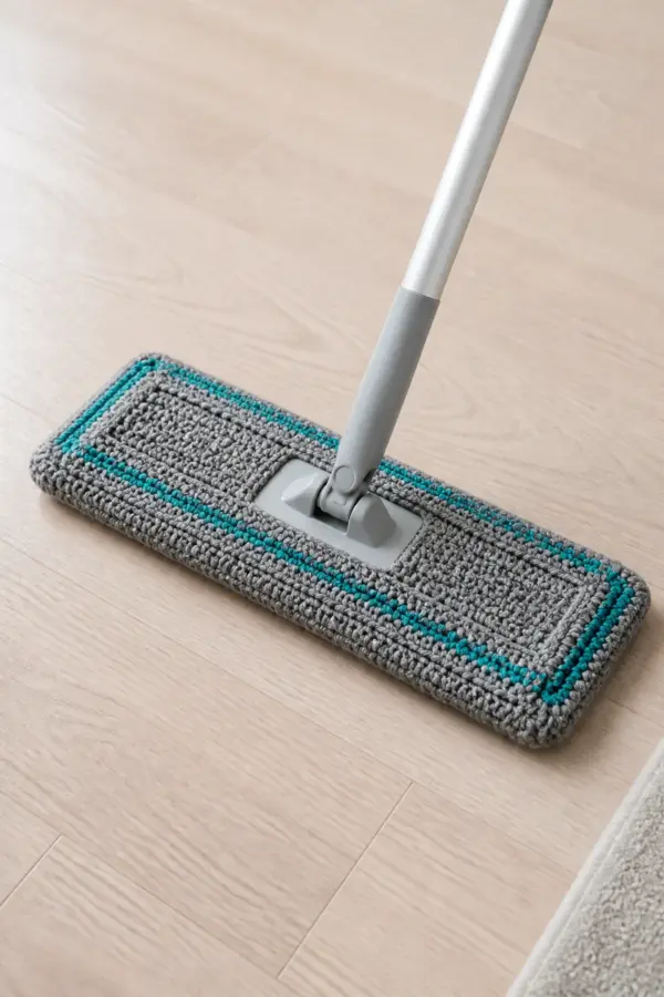 Finished gray reusable mop pad with teal stripes
