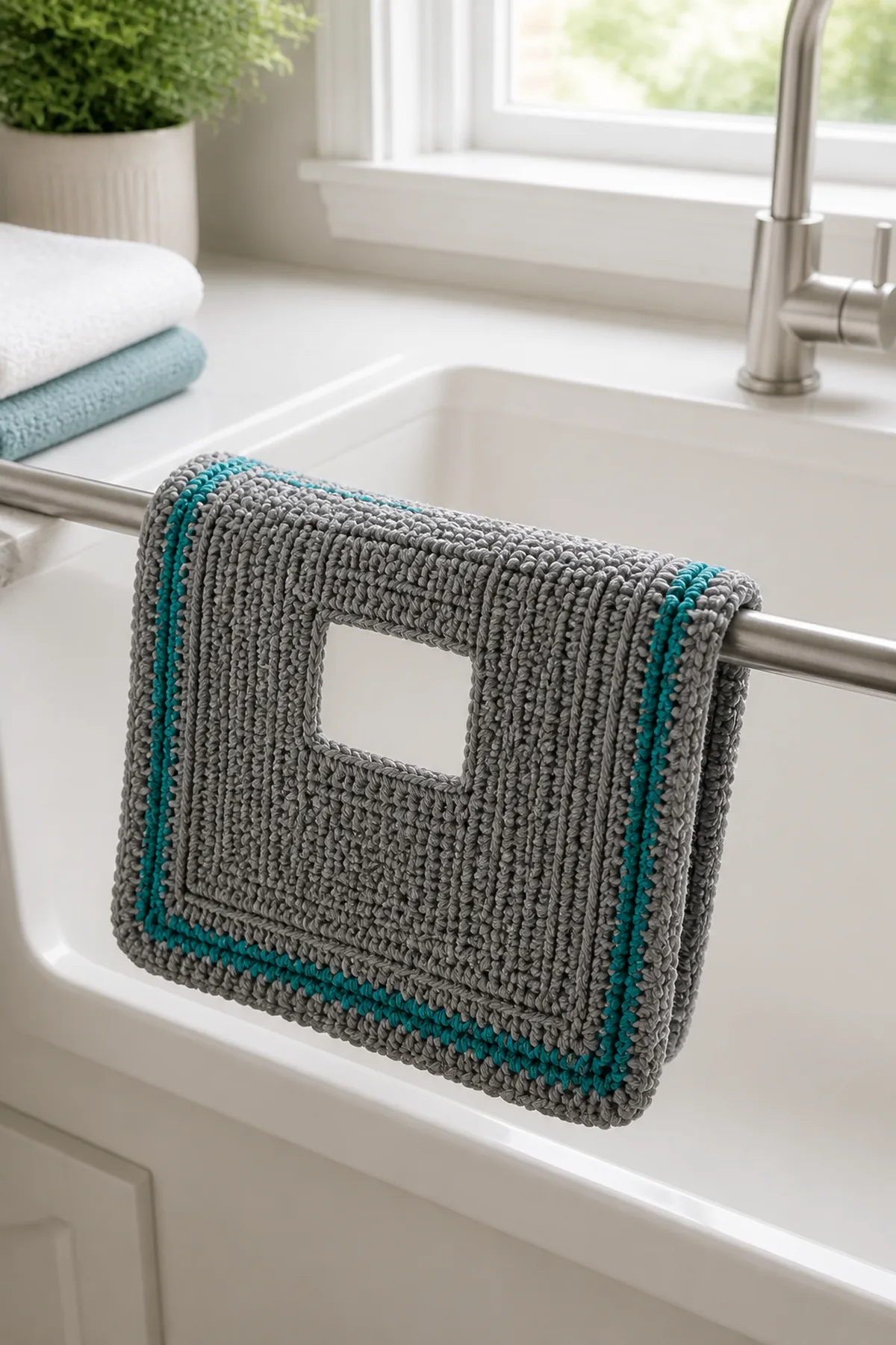 Finished gray reusable mop pad with teal stripes in a bright home setting