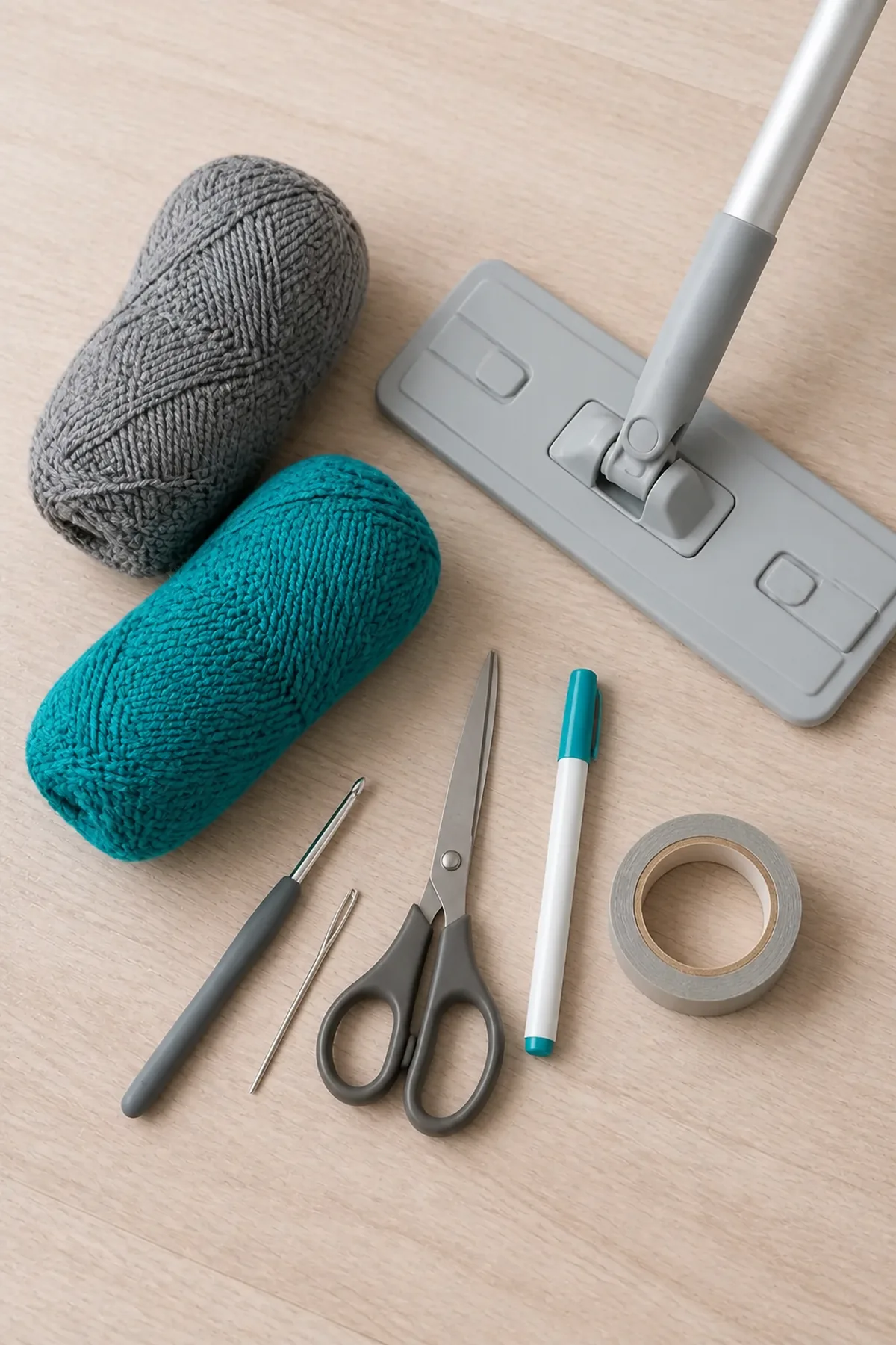 Yarn, hook, and materials for the gray reusable mop pad with teal stripes