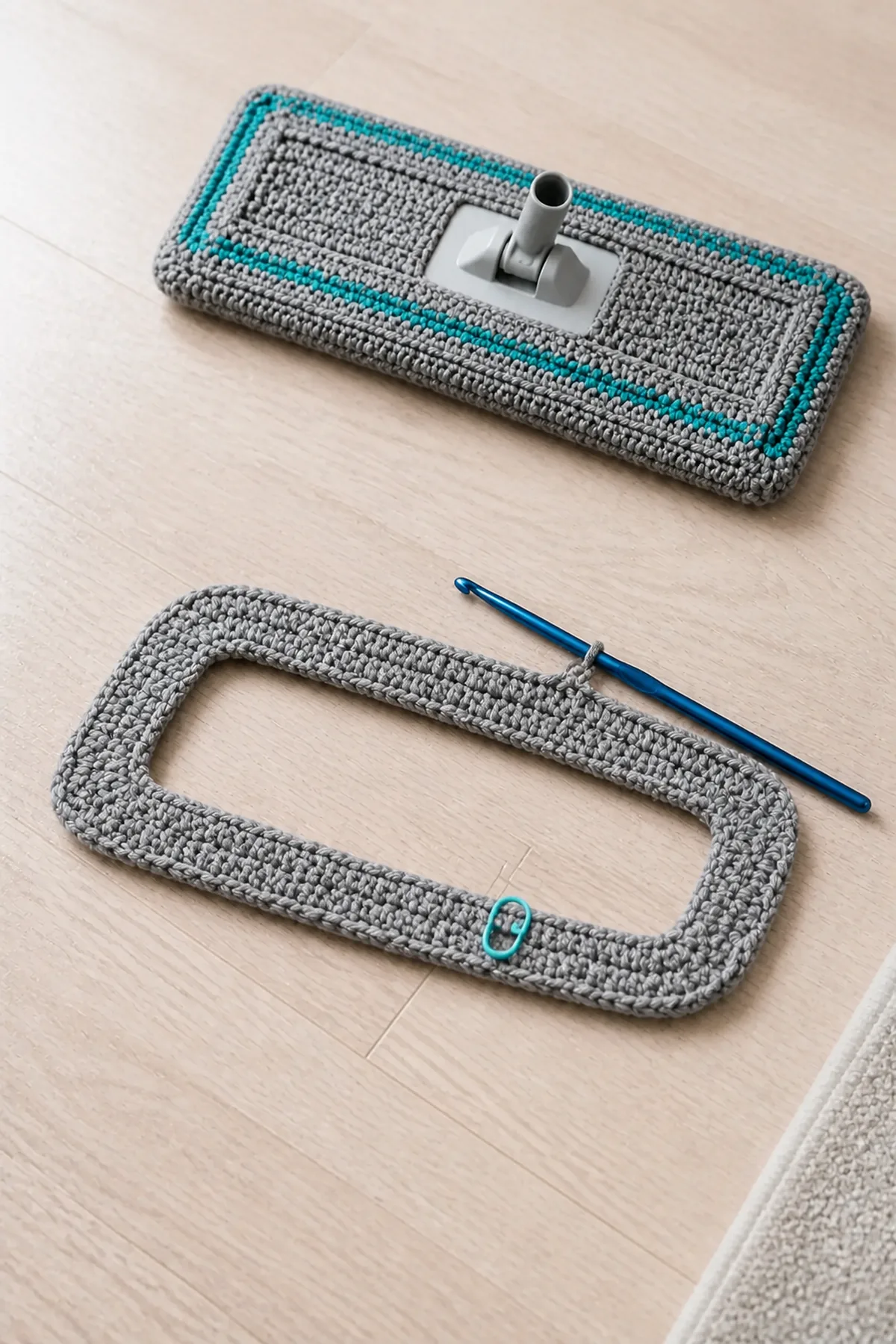 Early construction of the gray reusable mop pad with teal stripes