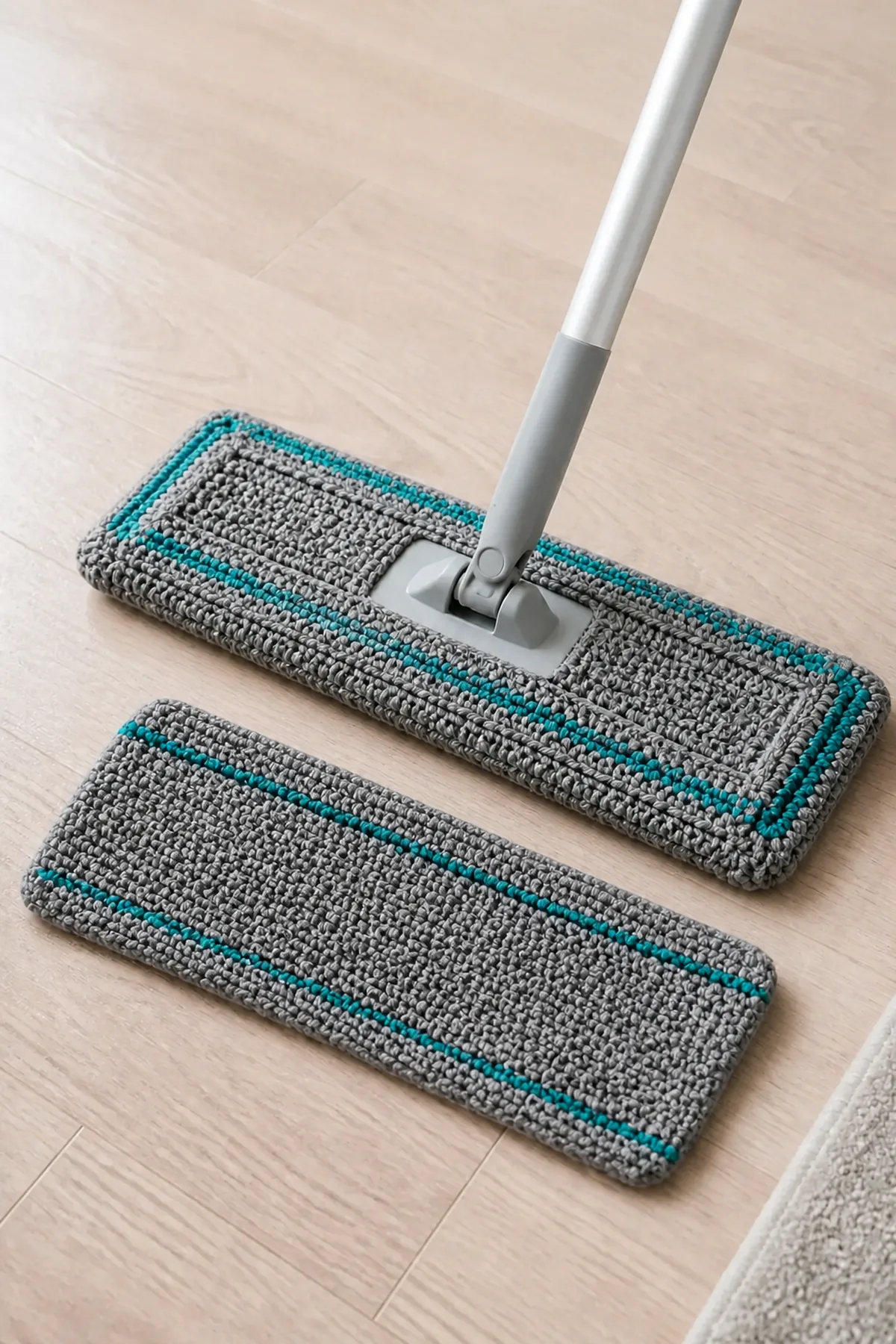 Later construction step for the gray reusable mop pad with teal stripes