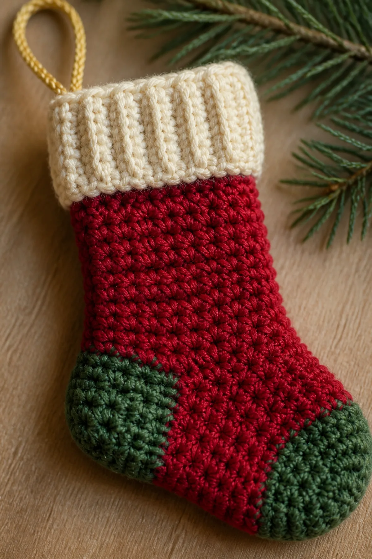 Close-up of crochet stitches and finishing details in cranberry red, cream, forest green, and gold