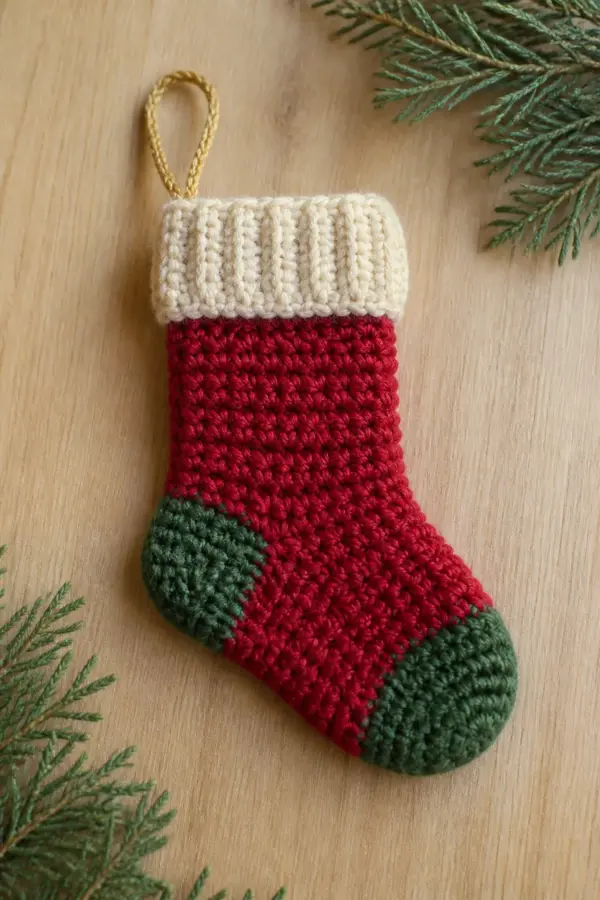 Finished cranberry miniature stocking with a cream cuff, green heel and toe, and gold hanging loop in a warm natural setting