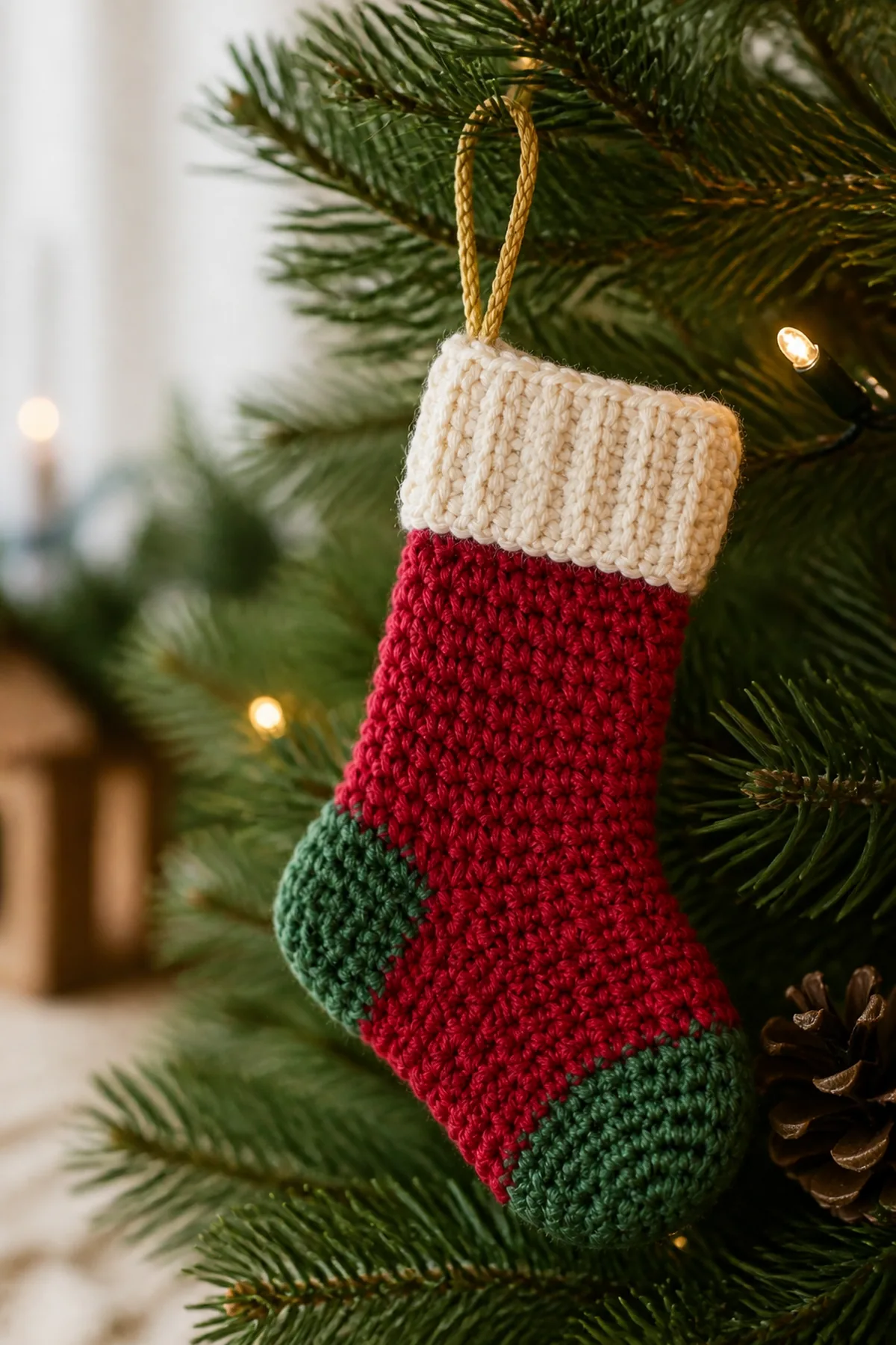 Finished mini crochet christmas stocking displayed in a cozy home setting
