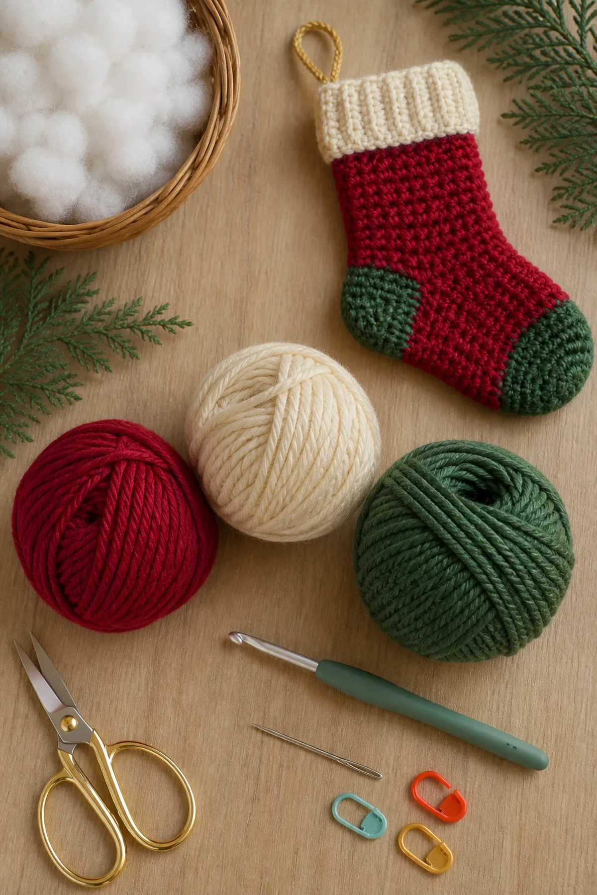 Materials in cranberry red, cream, forest green, and gold with crochet hook, needle, markers, scissors, and tape