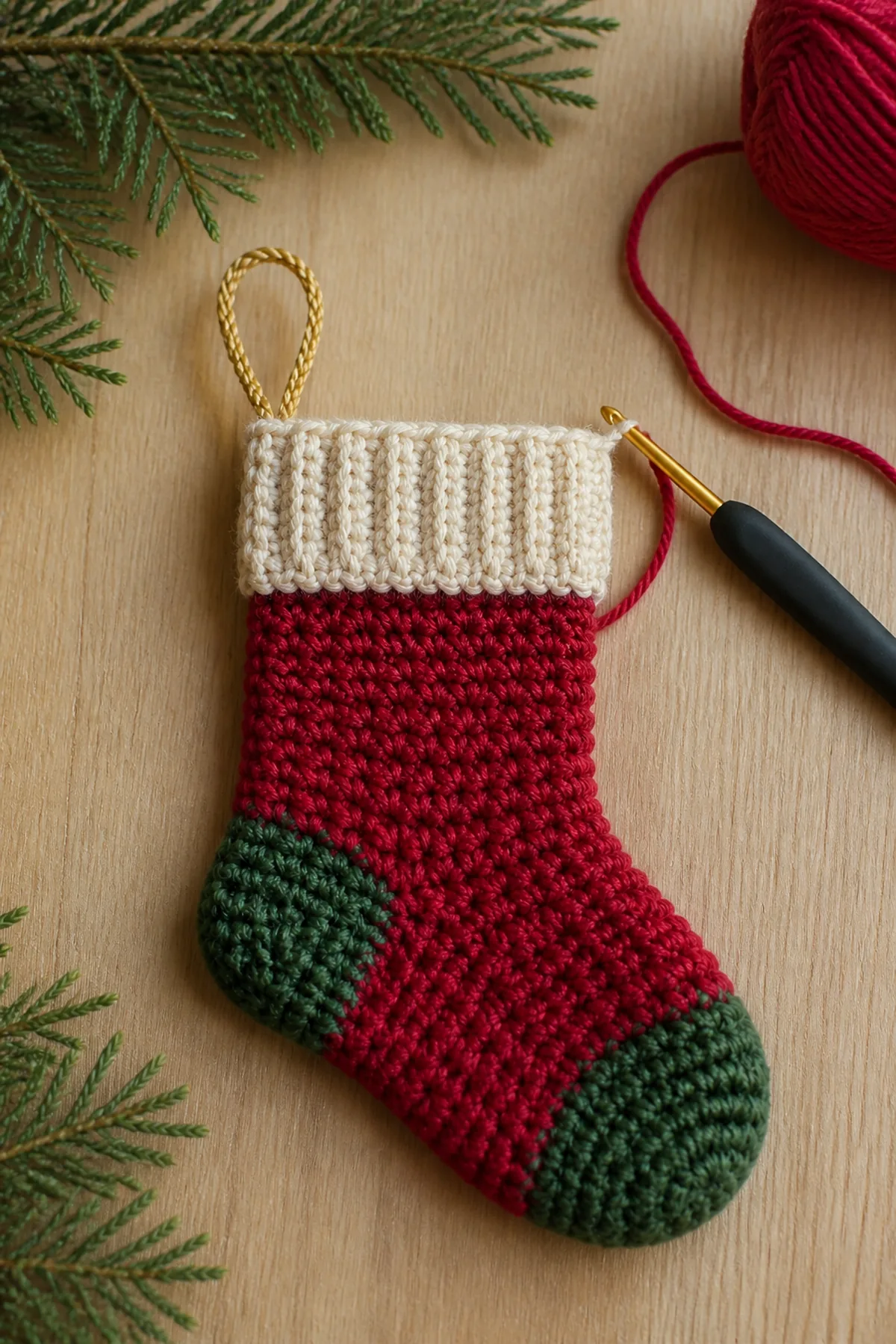 Early construction stage of the mini crochet christmas stocking