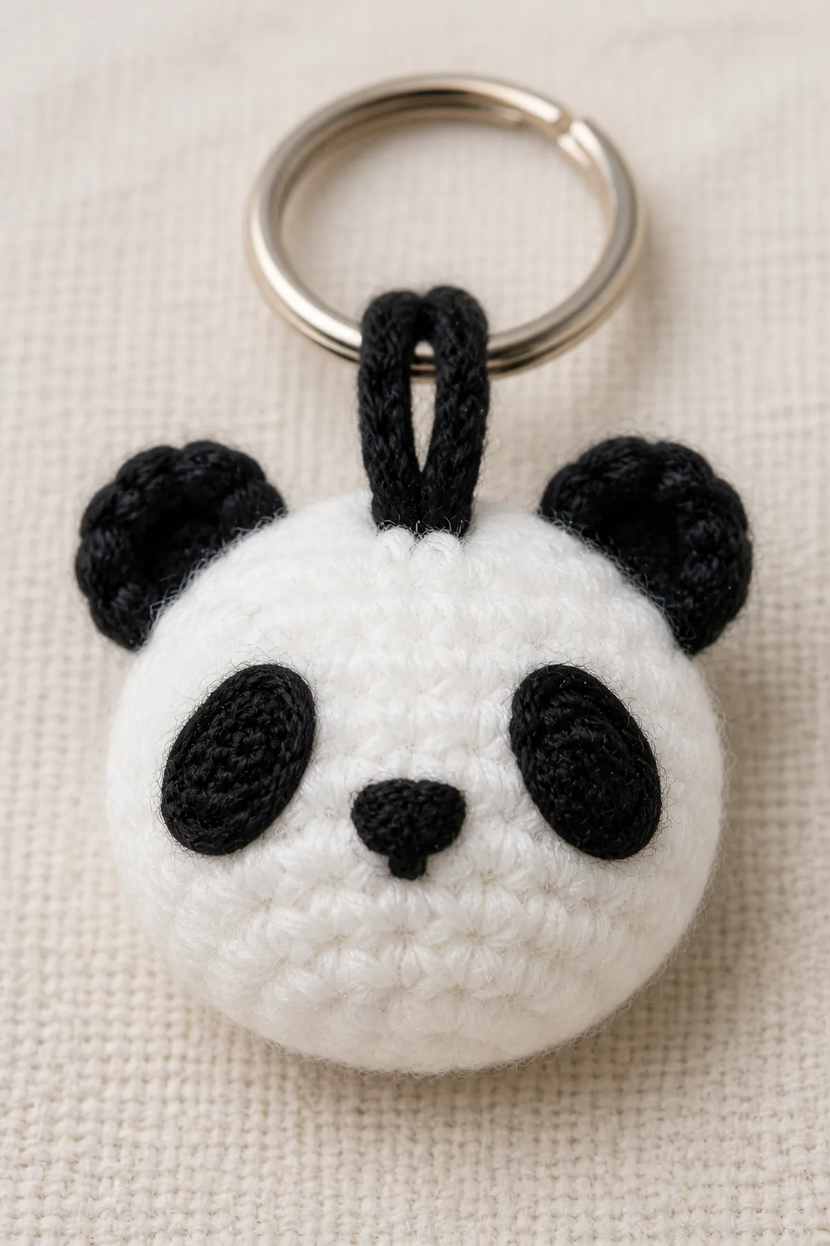 Reinforced crochet hanging loop and tiny embroidered panda face