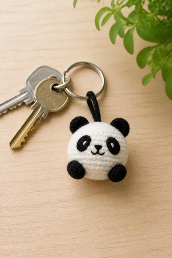 Tiny cream and black crochet panda keychain beside keys