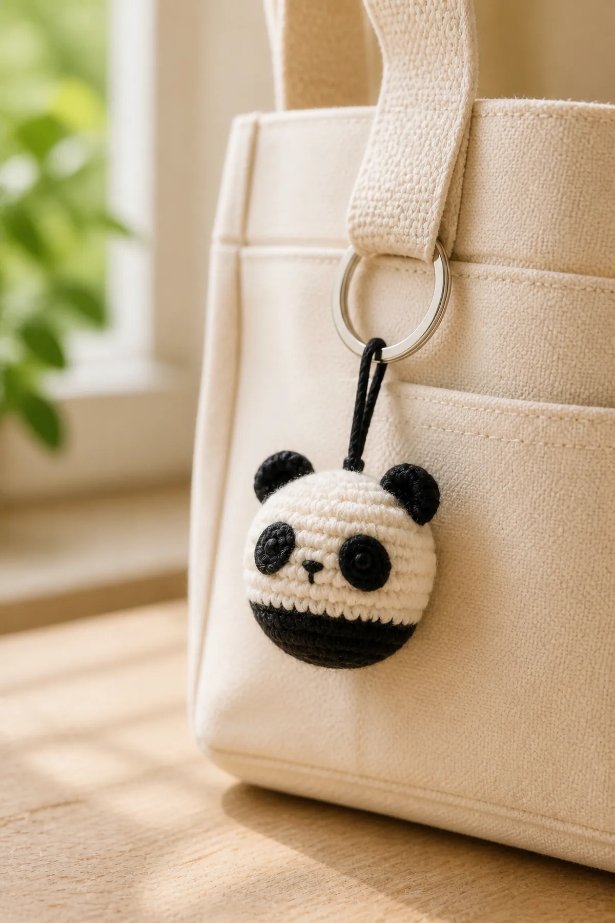 Mini crochet panda keychain attached to a canvas bag