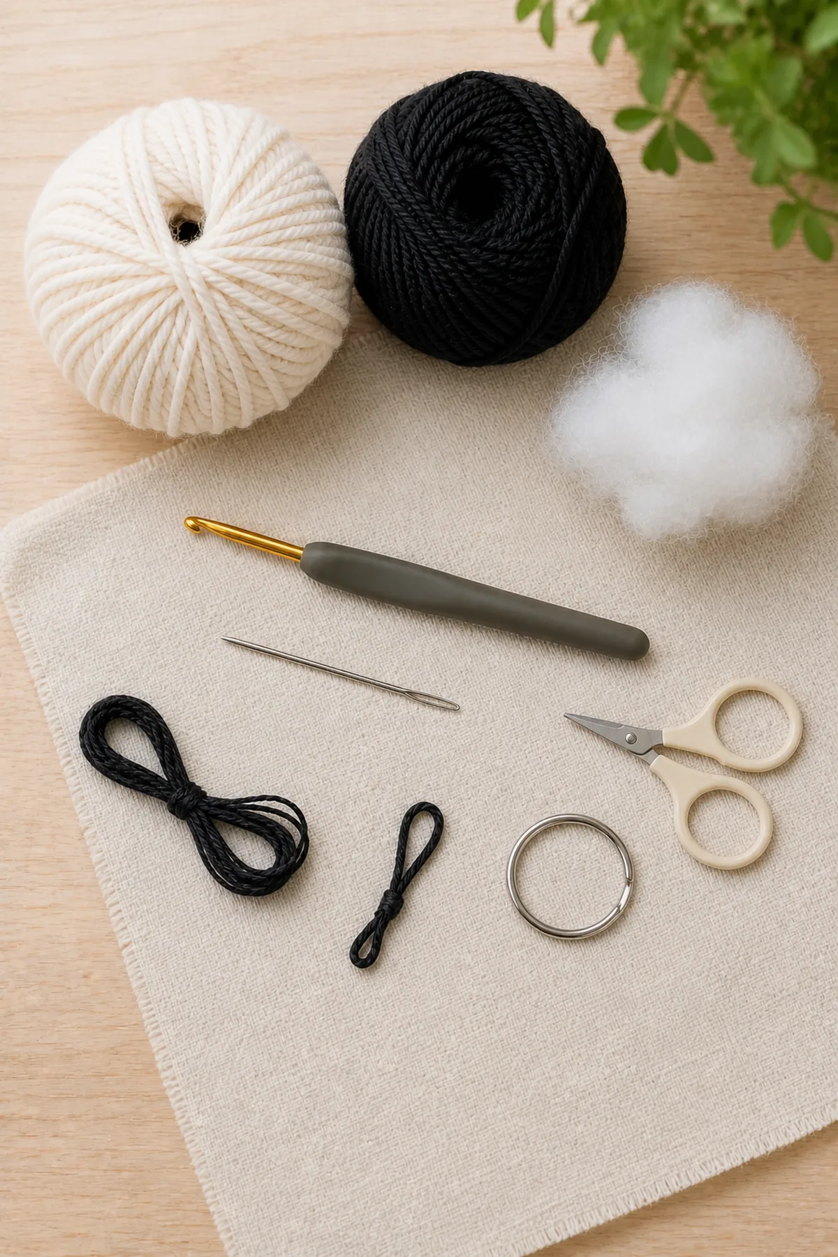DK yarn, small hook, stuffing, embroidery supplies, and split ring