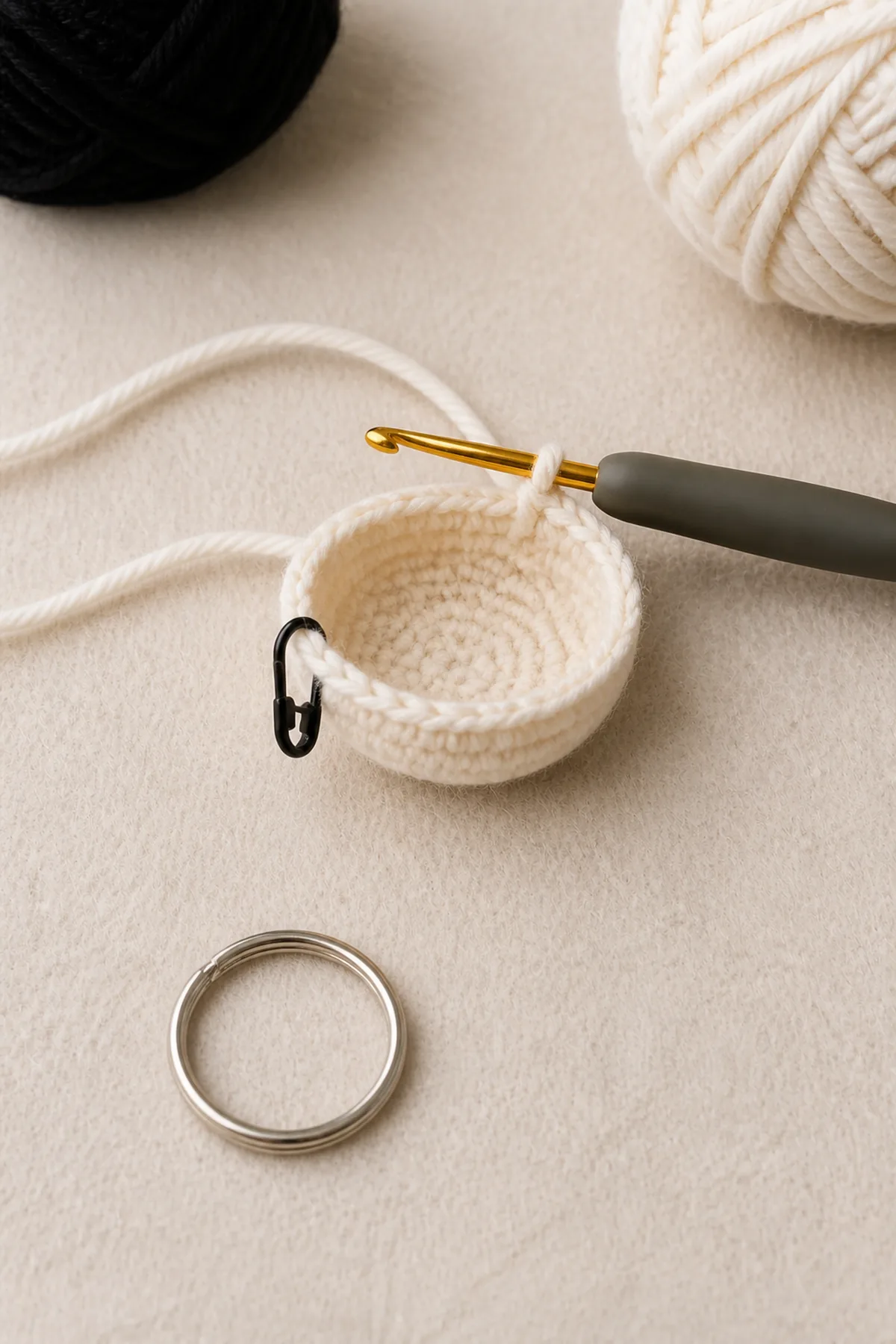 Coin-sized cream crochet cup for a mini panda keychain