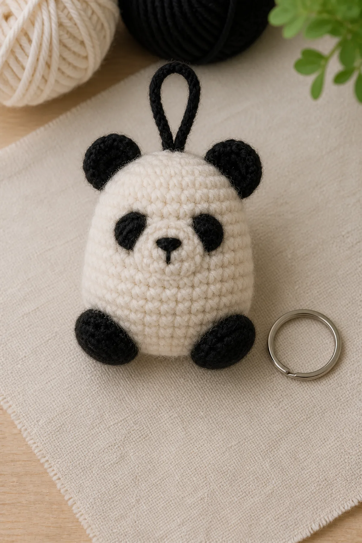 Nearly finished mini panda with crown loop and split ring