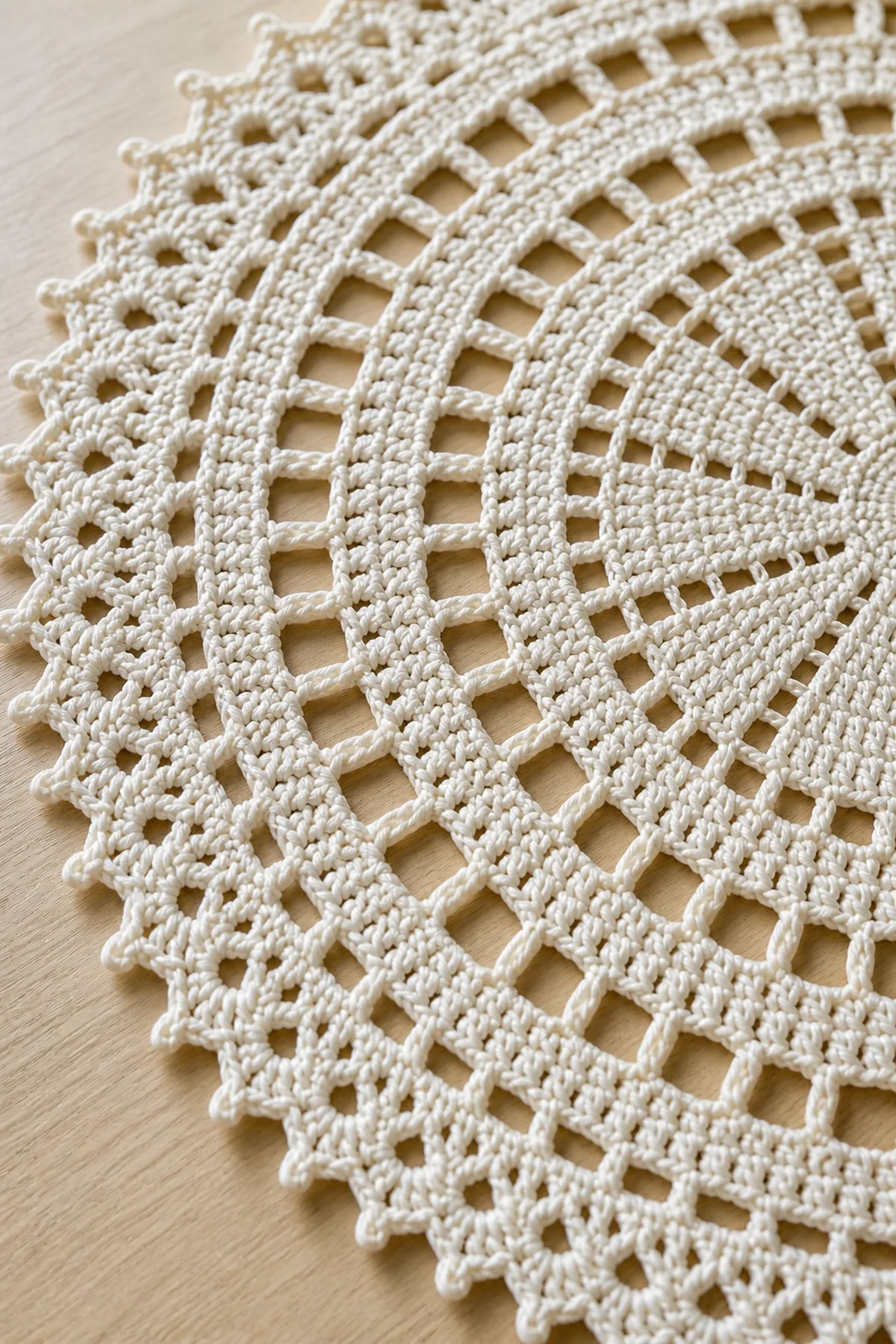 Close-up of twelve-spoke lace geometry, fan arches, chain spaces, and picot edge