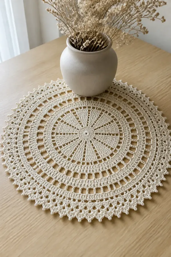 Round ecru modern crochet doily with twelve-spoke geometric lace on a pale table