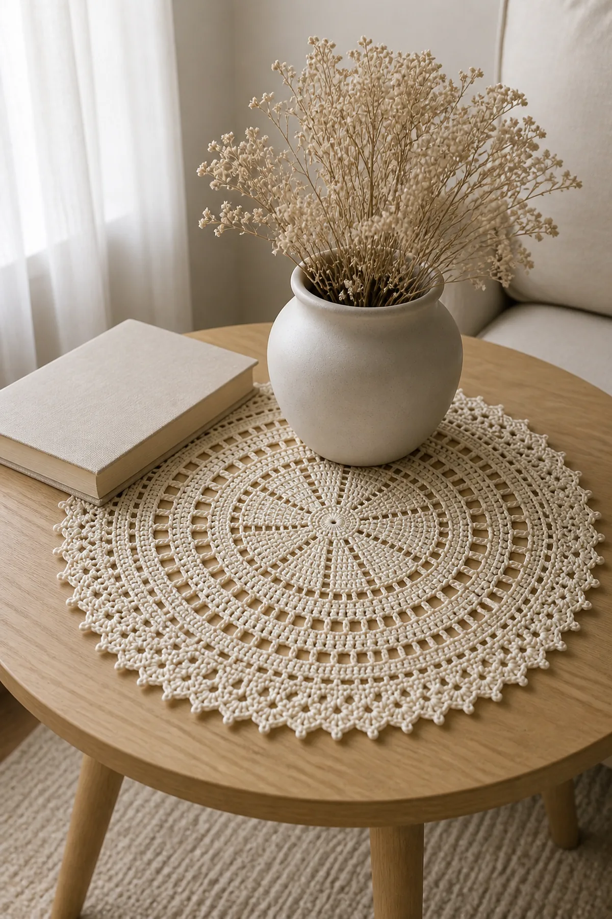 Finished modern crochet doily beneath a ceramic vase on a clean side table