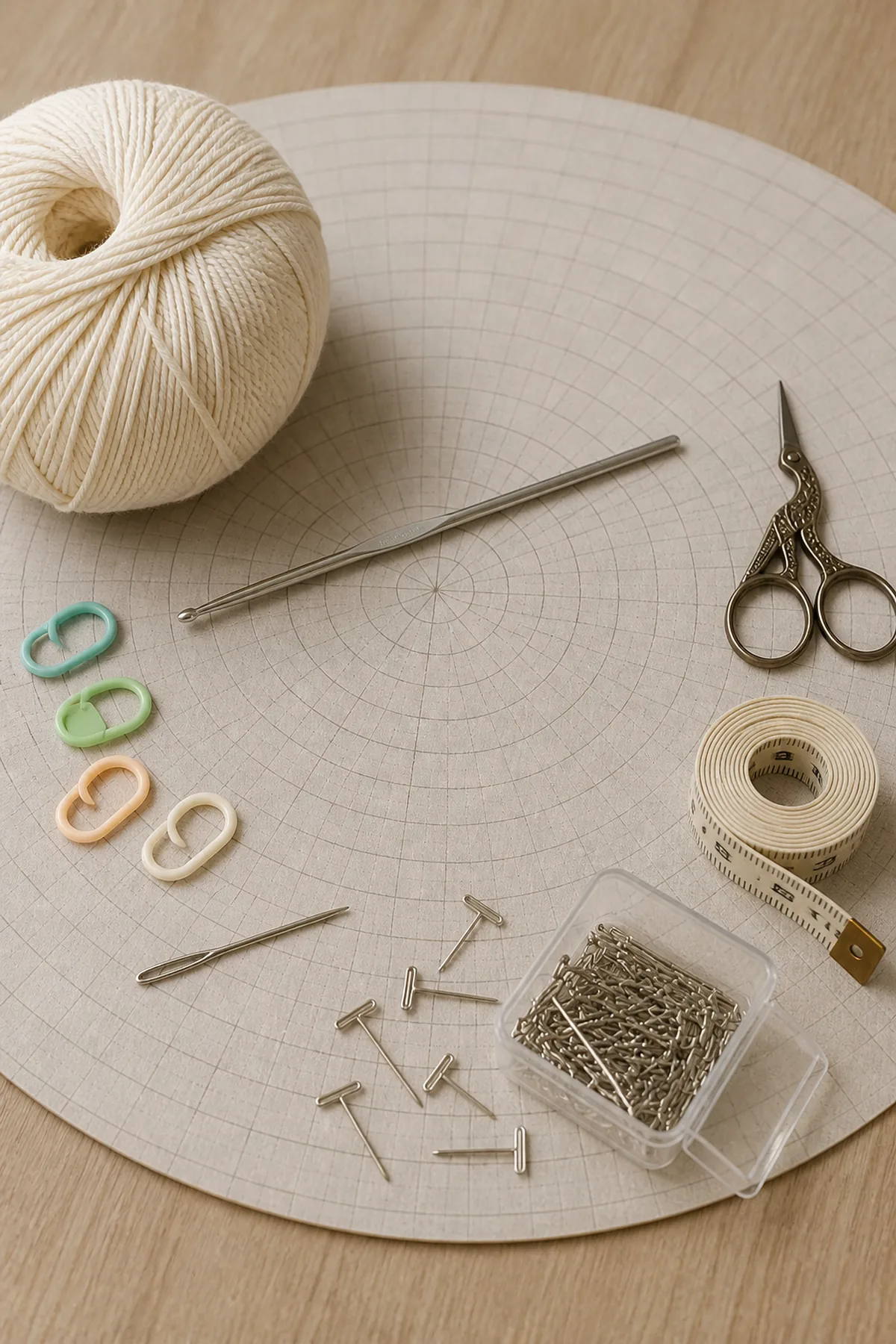 Ecru cotton, hook, twelve markers, needle, scissors, tape, pins, and blocking mat