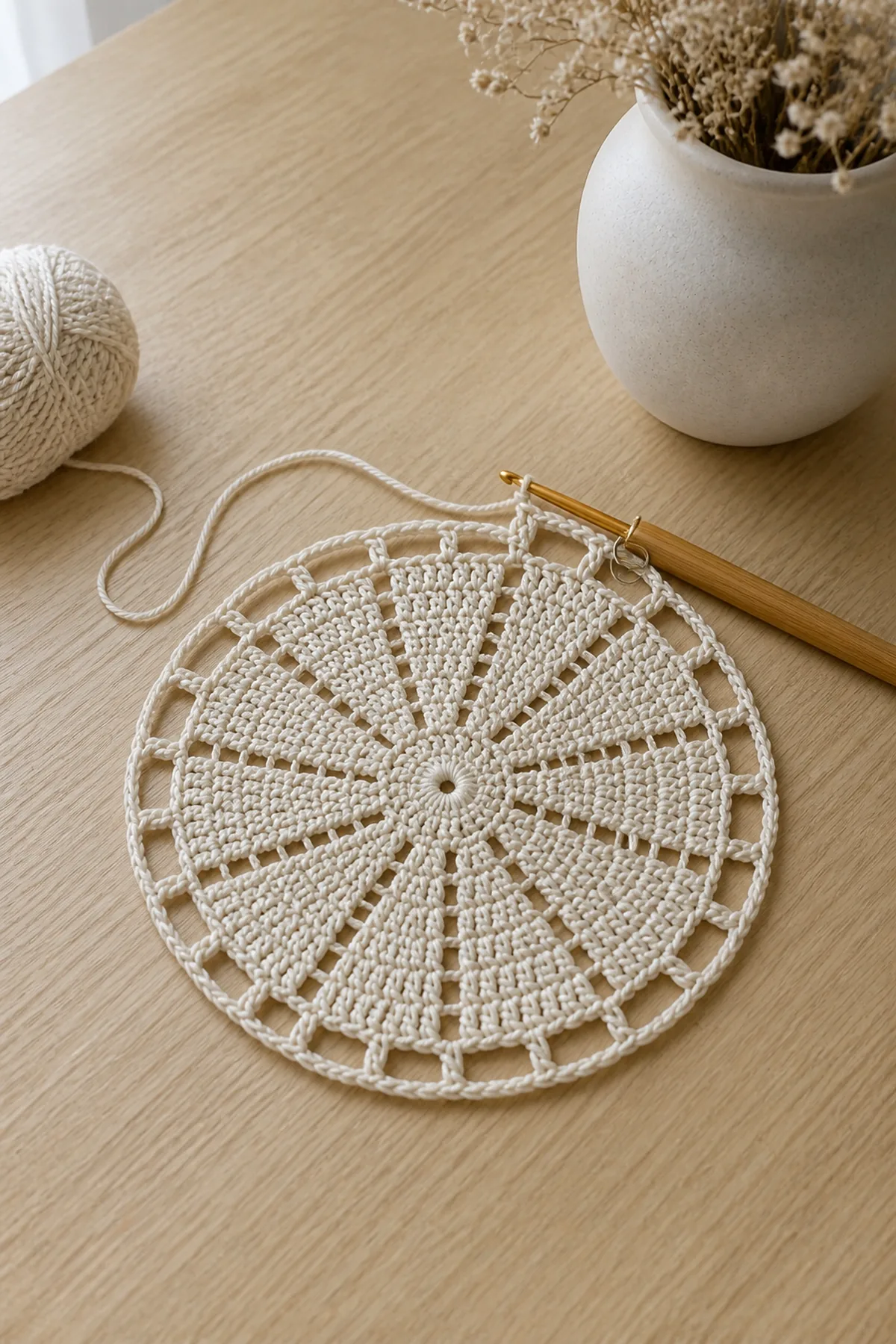 Small round doily with twelve marked spokes and first open chain-space ring