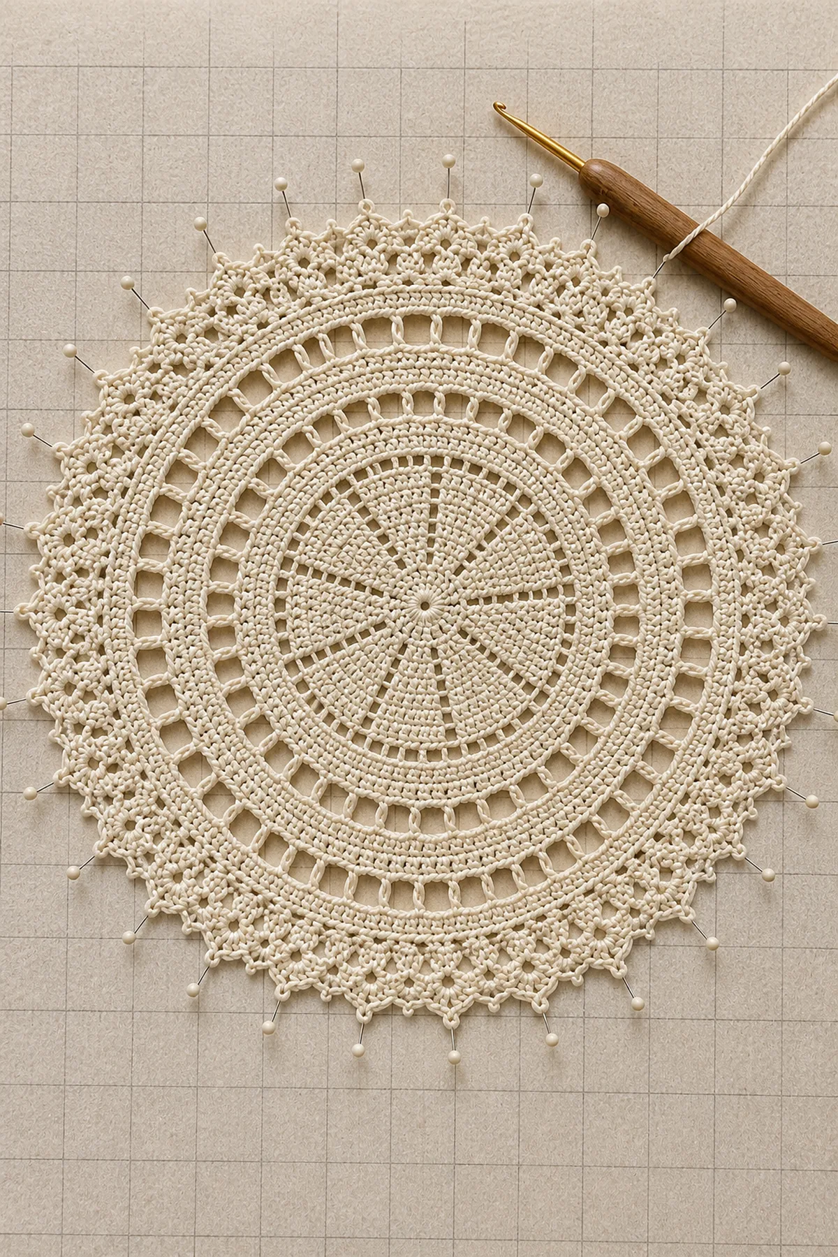 Larger ecru doily with concentric lace rings and fan rounds underway