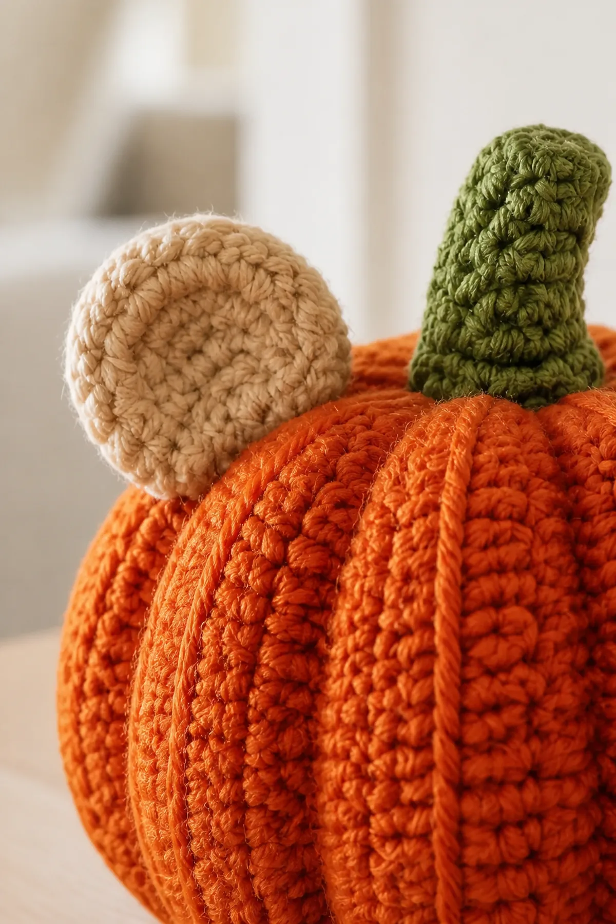Close-up of an oatmeal crochet ear, green stem, and orange pumpkin ribs