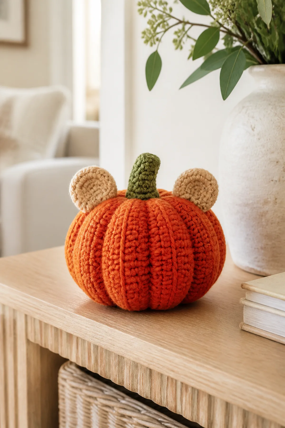 Burnt-orange ribbed crochet pumpkin with oatmeal round ears and a moss-green stem