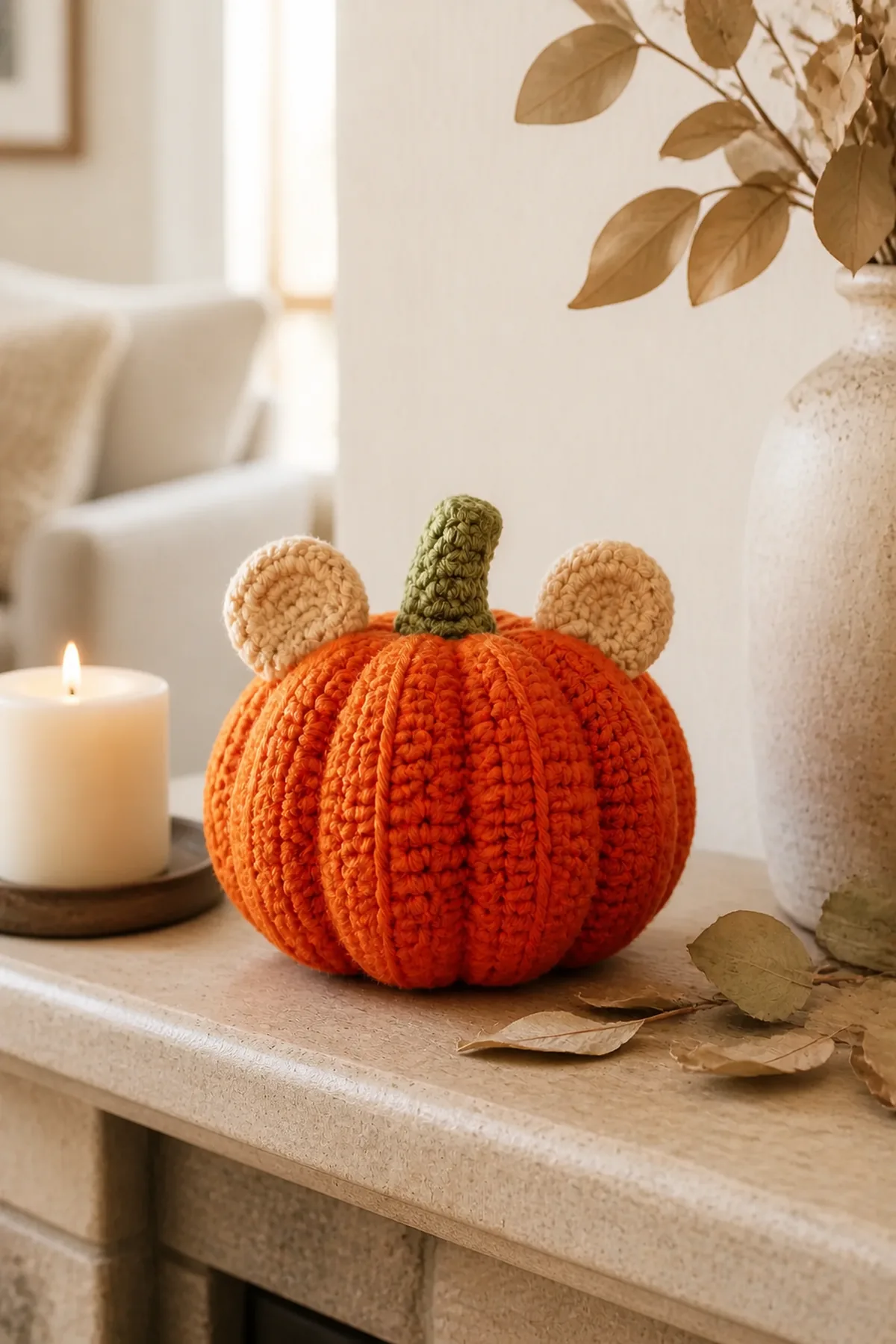 Finished mouse-inspired crochet pumpkin displayed with neutral fall decor