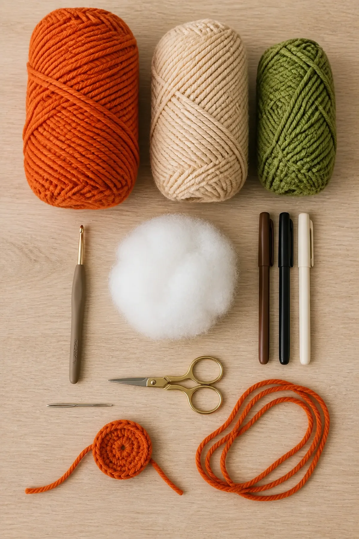Orange, oatmeal, and moss yarn with hook, stuffing, markers, needle, and pumpkin supplies