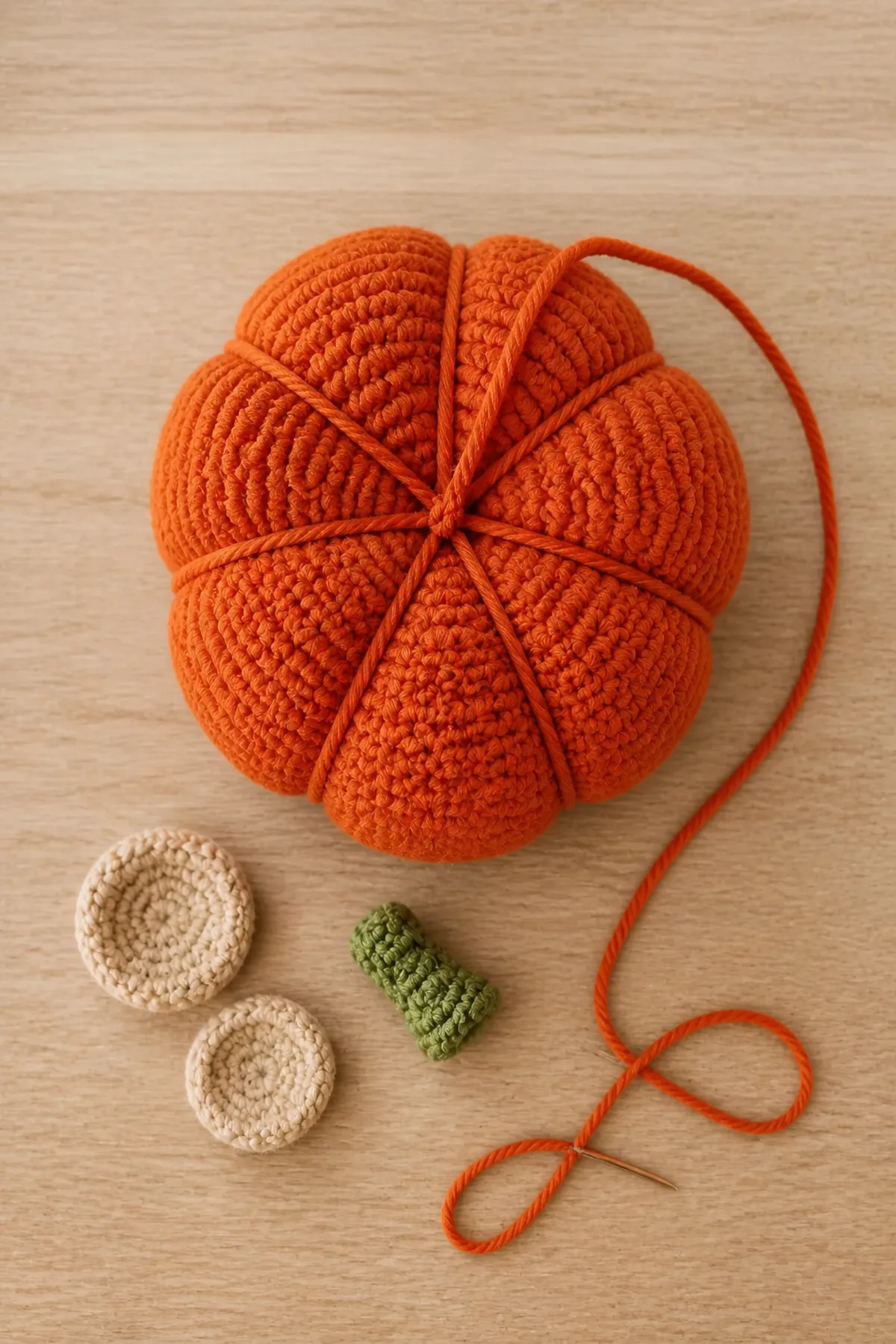 Closed orange crochet pumpkin being divided into ribs with sculpting yarn beside ears and stem