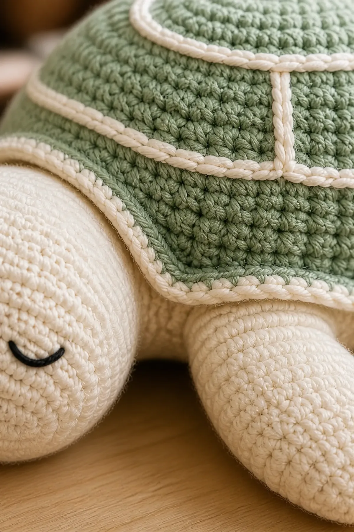 Close-up of sage shell stitches, cream crochet edging, integrated flipper, and embroidered eye