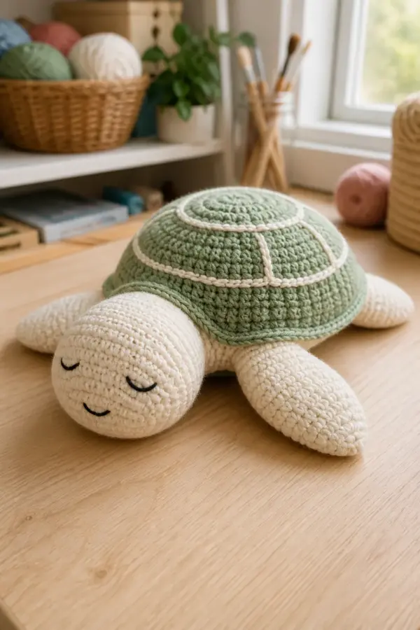 Sage and cream no-sew crochet turtle plush with sleepy embroidered face