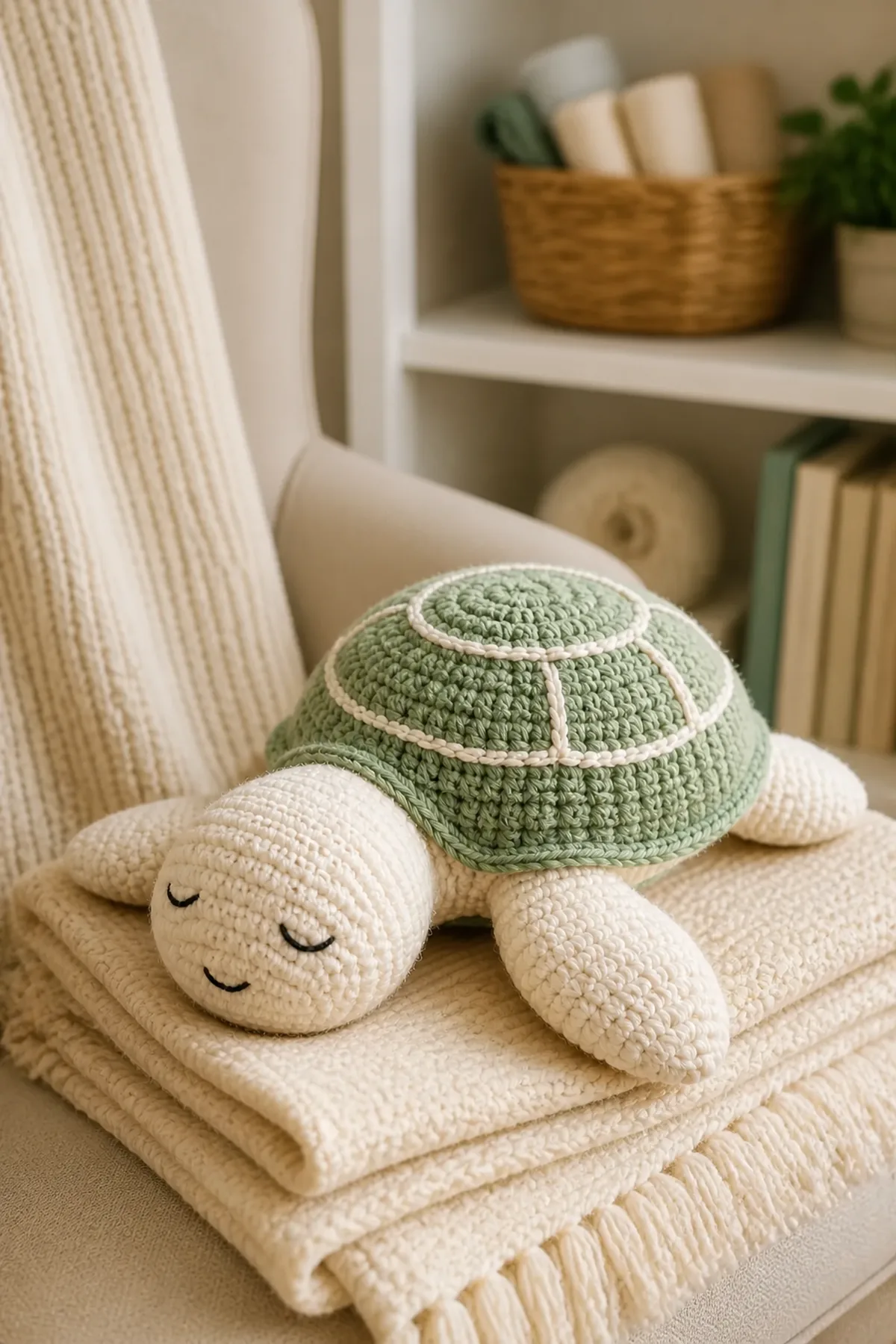 Finished sage and cream crochet turtle resting on folded blankets in a reading corner