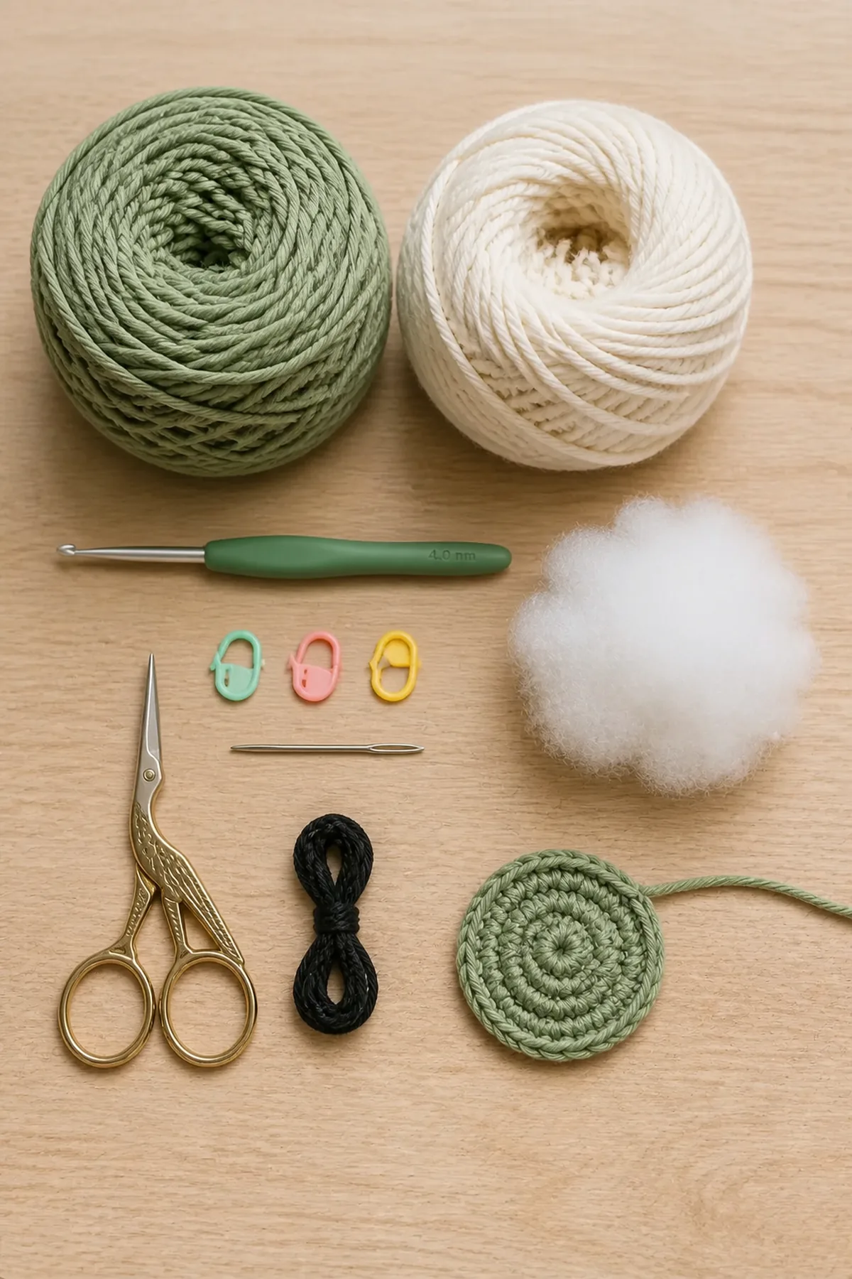 Sage and cream cotton yarn, hook, fiberfill, notions, and a started shell disk
