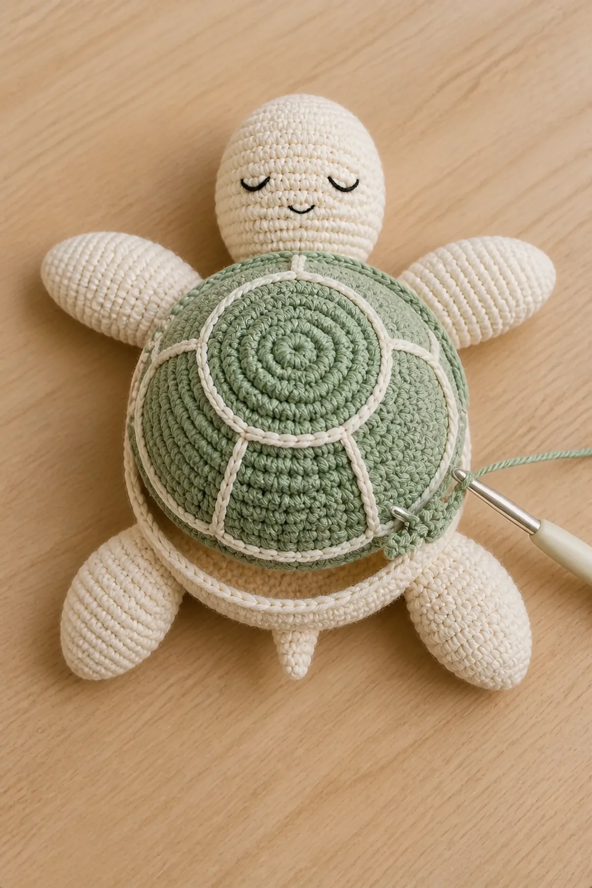 Sage shell being crocheted to the cream turtle body through both edge layers
