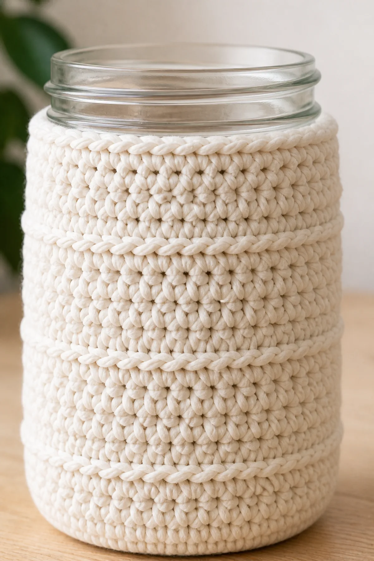 Close-up of horizontal back-loop ridges on a cream crochet jar cover
