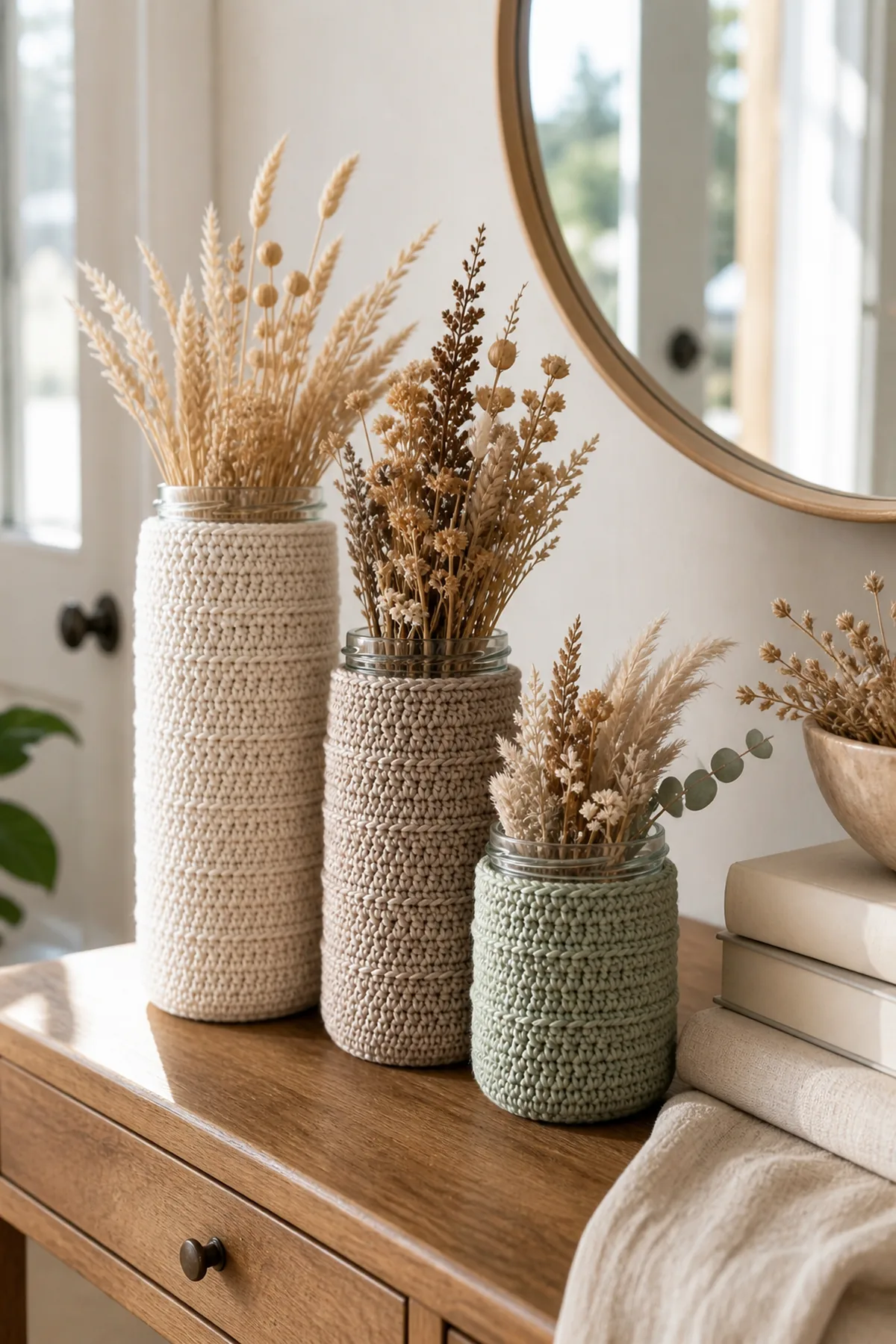 Three textured crochet jar covers with dried stems on a bright entry table