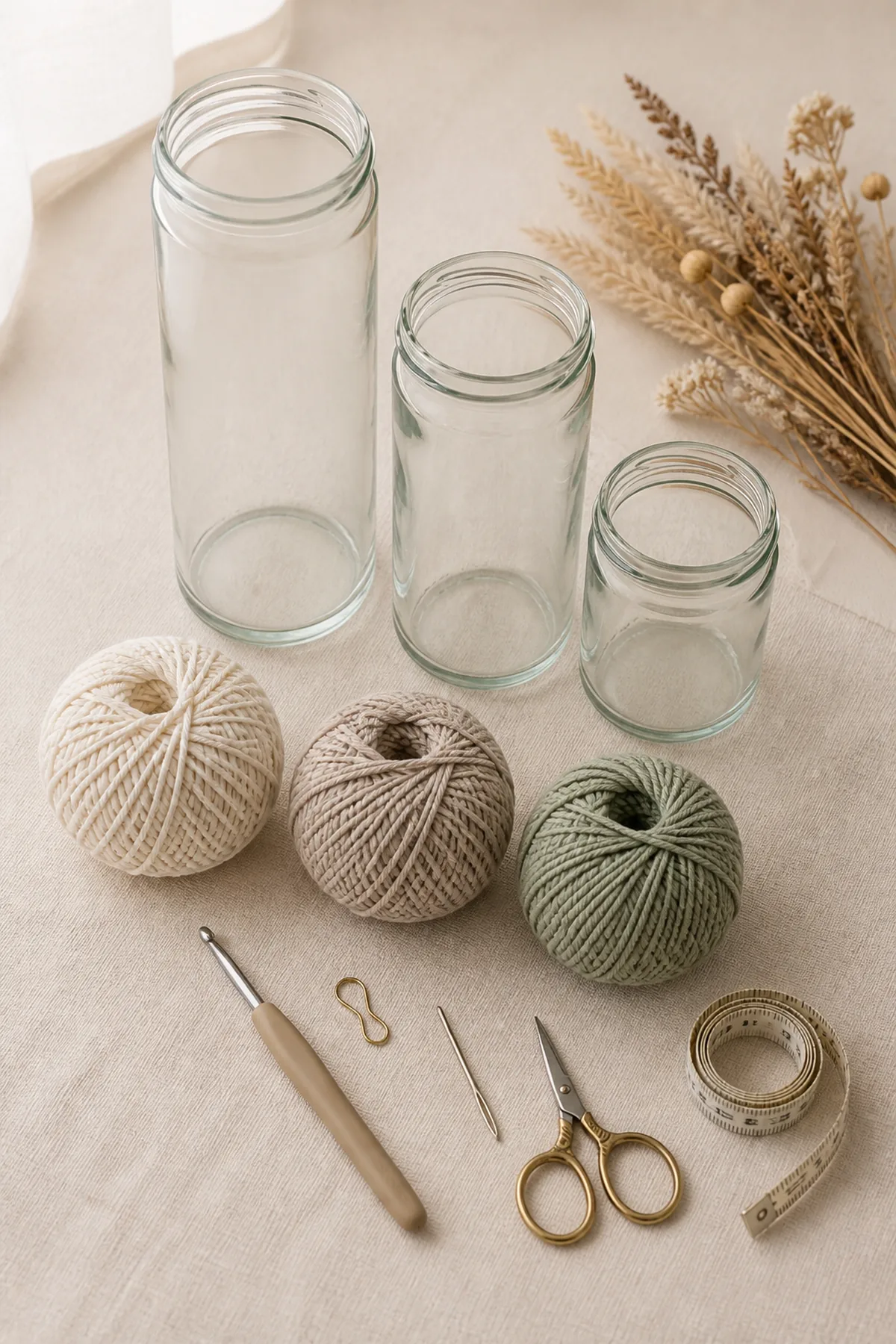 Three glass jars with cream, oatmeal, and sage yarn, hook, marker, needle, scissors, and tape