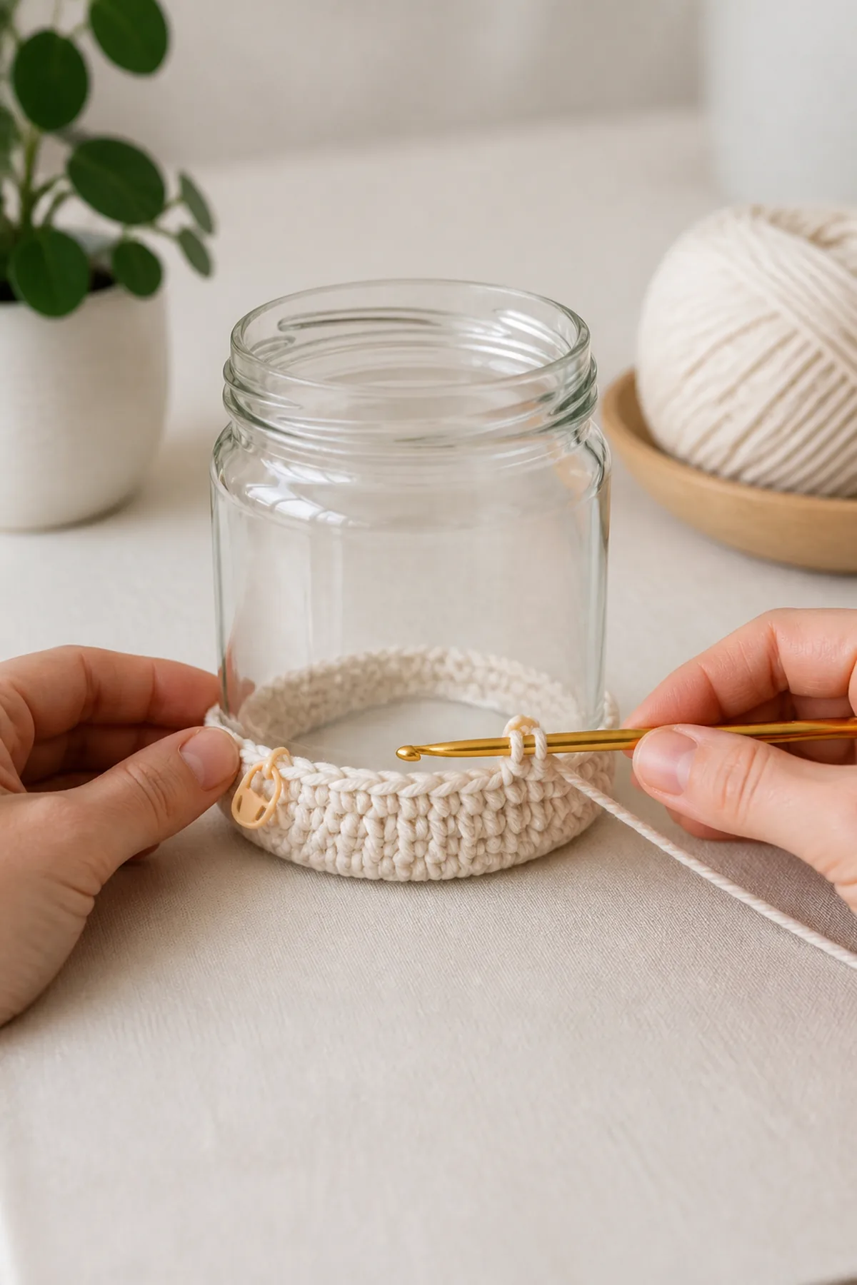 Cream crochet foundation ring and first rounds fitted around the base of a glass jar