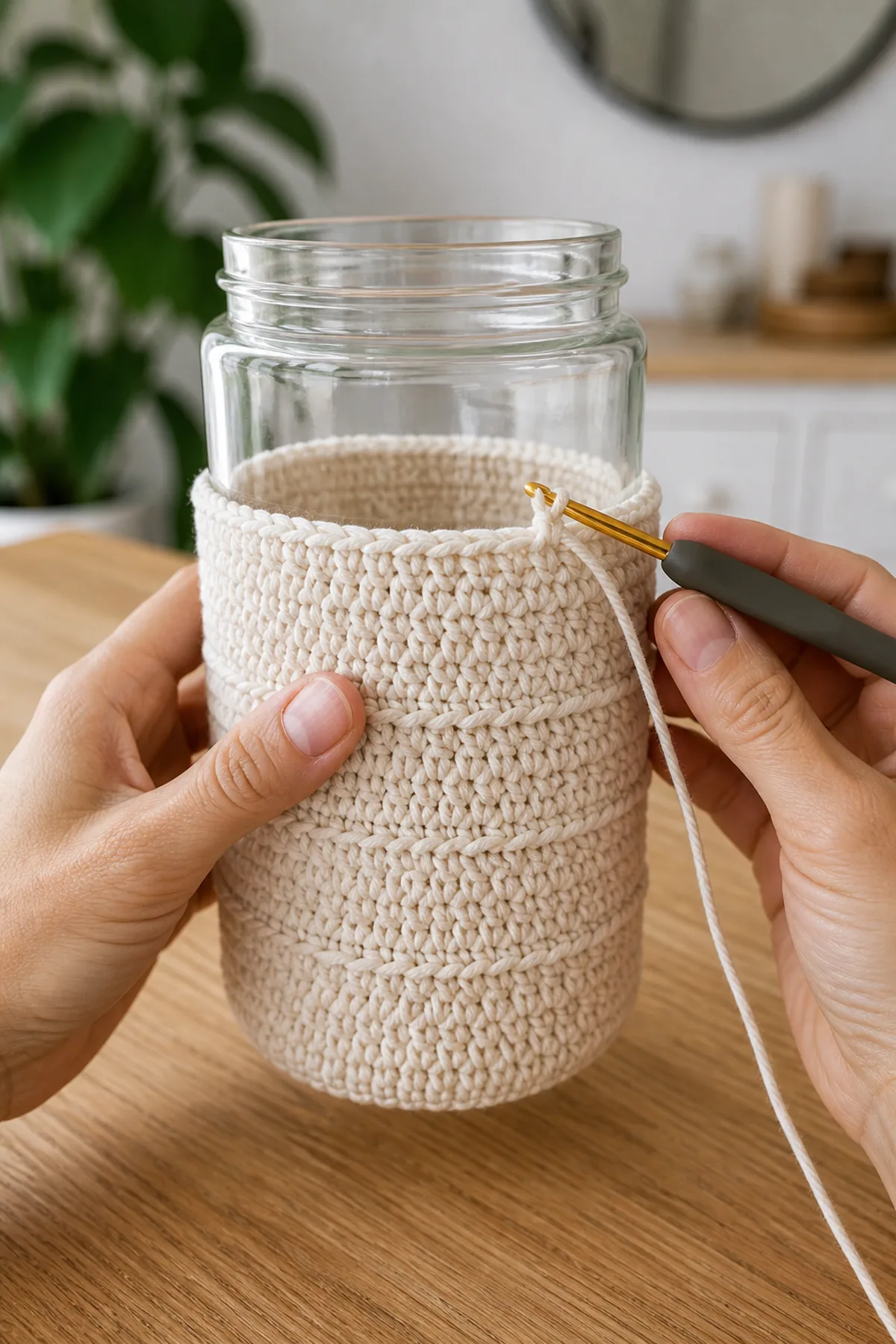 Cream ridged crochet vase cover worked halfway up a clear glass jar